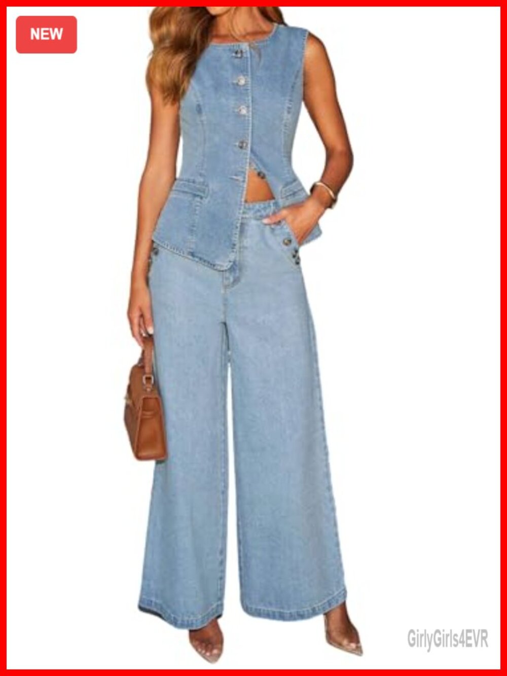 Women 2 Piece Denim Set Sleeveless Button Vest Wide Leg Jeans Y2K Outfit